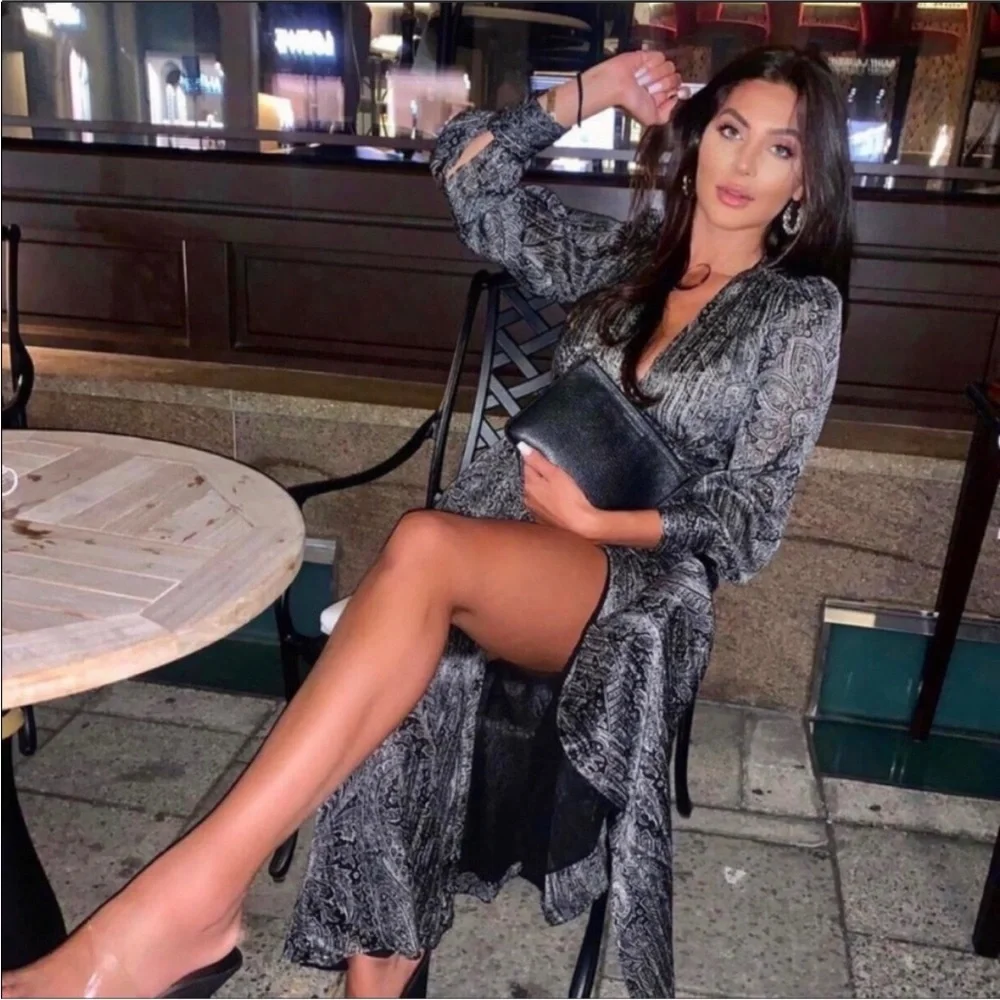 Zara Black and Gray Paisley Wrap Maxi Dress Size small - Picture 2 of 6